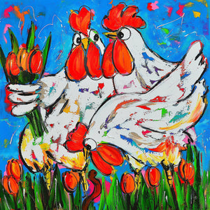 Glädjande Målning - Kycklingar Med Tulpaner