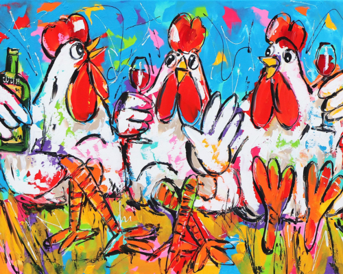 Glädjande Målning - Kycklingar Med Vin
