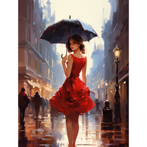 Dam i röd klänning - Regn