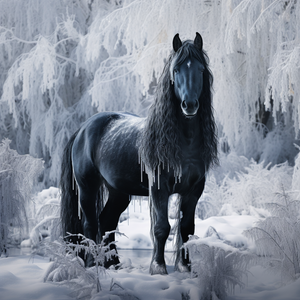 Svart häst i snön