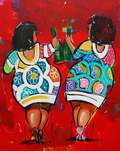 Glädjande Målning - Kurviga Kvinnors och Flaskor
